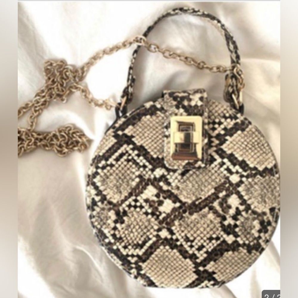 Zara Snakeskin Round Crossbody Bag Gold Chain & Handle Brown Beige Black Lined - Picture 3 of 17